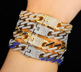 New Fashion Gold Plated Bling Colourful Diamond Mens Womens Hip Hop Black Red Blue Cuban Link Chain Bracelet Curb Raper Chains Gift4837761