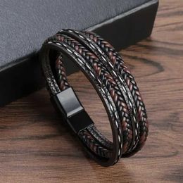 Bangle Luxury Style Genuine Leather Bracelets Men Stainless Steel Multilayer Braided Rope Bracelets for Man Jewellery Gift Y240601B2VR