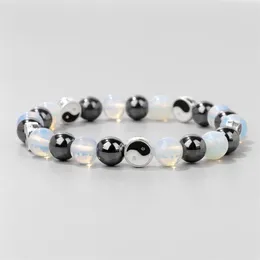 Strand Natural Black Hematite Stone Bracelet White Opal Beads Yin Yang Tai Chi Balance Bracelets Women Men Lovers Yoga Lucky Jewelry