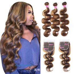 Loose Deep Wave Lace Human Hair Wigs P4 27 Highlight Body Wave Bundles with Closure P-color Human Hair Curtain