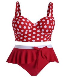 Plus Size Polka Dot Women Bikinis Set Underwire Flounced Tankini Swimwear RedGreen Bowknits 3xl5xl Casual Beach Bathing Suits Wo298008060
