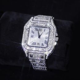 Wristwatches Hip Hop Iced Out Men Watch Square Diamond Quartz Luxury Mens Wrist Watches Gold Roman Calendar Steel Clock Relogio Masculi 269O