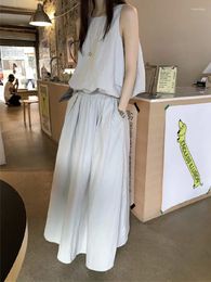 Work Dresses Korean Style Women's Summer Two Piece Set Vintage Sleeveless Top Vests Elastic Waist Loose Long Skirt Casual 2 Outfits