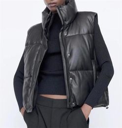ZA women Black Warm Faux Leather Vest Coat Casual Zipper Sleeveless Jacket Female Short Cotton Outwear 2111129601477