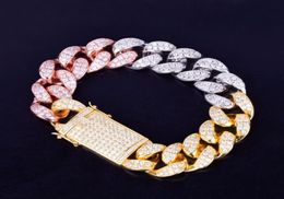 20mm width Chunky Miami Men039s Cuban Colorful Bracelet Bling Zirconia Hip hop Jewelry Gold Silver Rose Big Bangle 18cm 20cm7870057