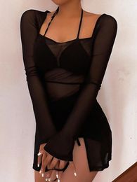 Women Bodycon Dresses Cover-Ups See-through Long Sleeve Square Neck Slit Mini Dress Swimwears Clubwear Female Beach Wear