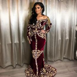 2024 Elegant Mermaid Caftan Evening Dresses Arabic Long Sleeves Velvet Prom Gown For Women Gold Lace Appliques Karakou Kaftan Modern Formal Party Dress