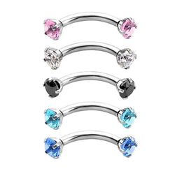 Curved Eyebrow Ring Clear CZ Gem 3mm Round Zircon Internally Threaded Nail Stainless Steel Bending Body Jewellery 16G hip hop6060875