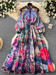 Casual Dresses Retro French Gorgeous Flower Linen Dress Women's Stand Long Lantern Sleeve Floral Print Belt Loose Maxi Boho Robe Vestidos