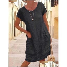 Basic Casual Dresses New Womens Clothing Fashion Dress Loose Solid Colour Pocket Short Sleeve Flax Round Neck Lady Y Plus Size 5Xl Y100 Dhpoz