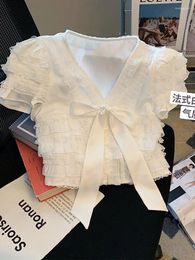 Women's Blouses French Elegance Beige V-Neck Crop Top Women Lace Single Breasted Casual Shirts Summer 2024 Sweet Cute Chiffon Bow Design