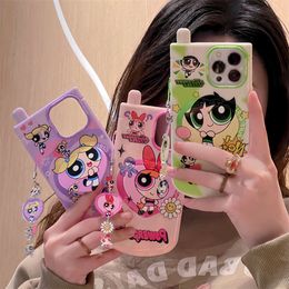 Cute Cartoon P-Powerpuffs Girls with Mirror Telephone Phone Case For iPhone 15 14 13 12 11 Pro Max Anti-fall Back Cover Funda