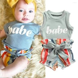 Clothing Sets 0-24Months Summer Born Girls Baby Letter Print Ribbed Tank Top Elastic Waist Bow Belt Vertical Stripes Rainbow Shorts