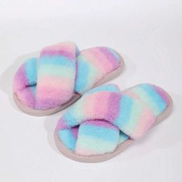 Autumn and Winter New Cross Rainbow Warm Korean Casual Plush Slippers