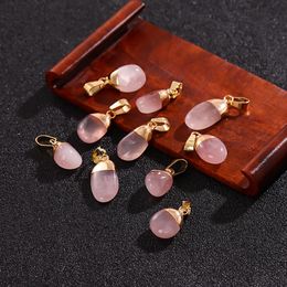 Natural Raw Rose Quartz Stone Gold Edged Pendant Pink Crystal Charms for Necklace Earrings Jewellery Making Accessory P002