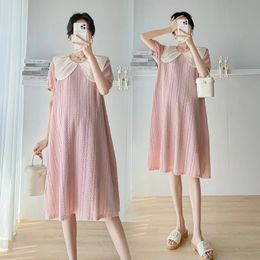 Korean Style Pregnant Womens Summer Dress Peter Pan Collar Sweet and Fashionable Loose Short sleeved Dress Pink Maternity Dress 240603