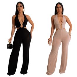 Jumpsuit for Women Onepiece Playsuit Black Apricot 2024 Summer Halter O Ring Cut Out Long Flare Jumpsuits Sexy Woman Clothes