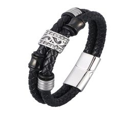 Charm Bracelets Punk Black Double Genuine Leather Braided Bangles For Men Stainless Steel Vintage Male Wrist Band Hand Jewellery SP08747816