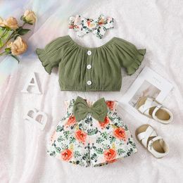 Clothing Sets Baby Girl Clothes Set Summer Pure Green Sleeve T-shirt Top Flower Print Casual Shorts 3Pcs Infant Fashion Suit