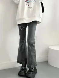 Women's Pants Vintage Grey Flare Denim Spring High Waist Slim Fit Wide Leg Long Jeans Woman Gothic Streetwear Heart Sequined