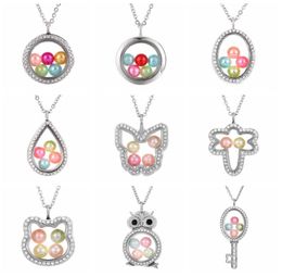 Elephant Owl Woman Necklace Living Memory Beads Glass Floating Locket Pendant Necklace Pearl Cage Locket Charms Gift LJJTA11879729917