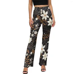 Women's Pants White Boho Floral Casual Summer Pretty Rose Night Club Pattern Flare Trousers High Waisted Slim Stretch Harajuku