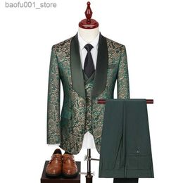 Men's Suits Blazers Lansboter green mens 3-piece set with printed collar suitable for weddings banquets work business tailcoat sets jackets pants Q240603
