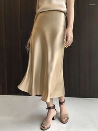 Skirts Women's Satin Skirt High Waist Elegant Midi A-line Lady's Summer Solid Champagne Vintage Silk Long For Women 2024