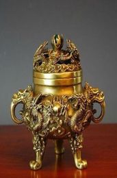 Collectible Chinese Brass Nine Dragons Kowloon incense burner7687768