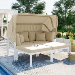 3Piece Patio Daybed Backyard Canopy Outdoor Sectional Sofa Set Porch Poolside Sun Lounger with Cushions