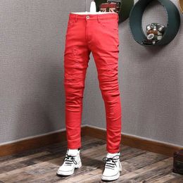 Men's Jeans Summer mens red jeans thin cotton slim fit straight pants Korean casual denim Trousers J240531