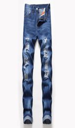 Big Size Mens Classic Straight Leg Ripped Jeans Fashion Designer Slim Fit Washed Solid Hole Biker Hip Hop Blue Denim Pants JB25890539