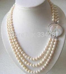 Genuine 3 Rows 78MM Freshwater pearl Necklace Cameo Clasp019943120