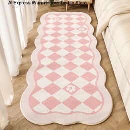 Pink Lattice Carpet for Bedroom Cute Cartoon Plaid Plush Children Bedside Rug Home Decoration Living Room Floral Fluffy Mat 240603