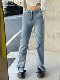Women's Jeans WeiYao Heart Patches Cute 2000s Aesthetic Y2K Low Waist Denim Pants Korean Fashion Womens Straight Streetwear Bottoms