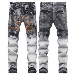 Men's Jeans European Letter AMIRIiocn Men Embroidery Patchwork Trend Brand Motorcycle Pants Mens Skinny Ripped AM3772 Size 29-38