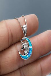 Women S925 Jewelry Blue Opal Unicorn Moon Pendant Necklace 925 Sterling Silver For Gift5462769