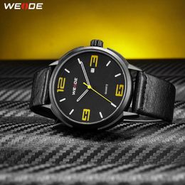 WEIDE High Quality Brand Fashion Casual Calendar Quartz Analogue Auto Date Mens Clock Wristwatches Black PU Leather Strap Hours 252n