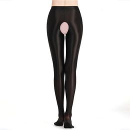 Women Sexy Open Crotch Pantyhose Glossy Wetlook High Waist Exotic Tights Oily Shiny Smooth Hiny Leggings Pants 8 Colors 240603