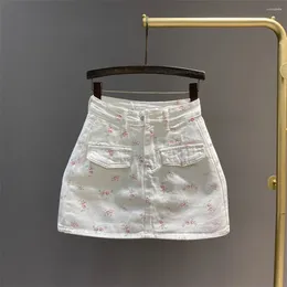 Skirts Women Denim Skirt Korean Fashion Flower Print High Waist A-line Cowboy Casual Pocket White Mini Jean Female Clothes