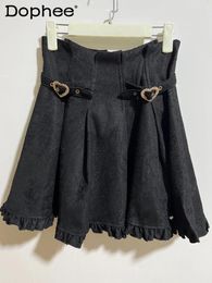 Skirts Japanese Lolita Heart Buckle Rhinestone Skirt 2024 Spring Summer All-Match And Sweet Cute A- Line High Waist Short Black