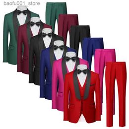 Men's Suits Blazers Mens Solid Colour Formal Set 3-piece Black/Red/Blue Mens Business Social Wedding Banquet Tailcoat Set Q240603