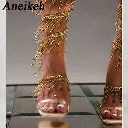 Sandals Aneikeh Womens Summer Silk Round Open Toe Sandals 2024 Fashion Sexy Water Diamond Beaded Bracelet High Heels Party Wedding T240530