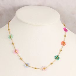 Colorful Flower Gold Chain Necklace Bracelet Set for Women Multiple Colors Flower Gold Plated Stainless Steel Daily Jewelry 240601