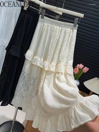 Skirts OCEANLOVE Lace Ruffles Long Solid Spring Summer Korean Fashion Vestidos Mujer A-line High Waist Sweet Women Skirt