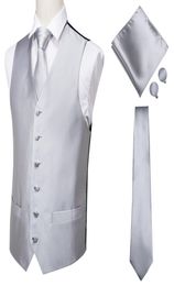 MJ0001 HiTie Men Vest Silk Waistcoat Vest High Quality Handkerchief Cufflinks Tie Vests Set Silver Grey Solid Vests for Mens CX23512020