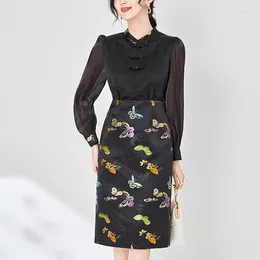 Casual Dresses Chinese Style Vintage For Women Elegant Mandarin Collar Long Sleeve Butterfly Print Patchwork Women's Black Dress