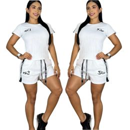 J2998 Fashionable temperament commuting womens embroidered short sleeved shorts embossed set