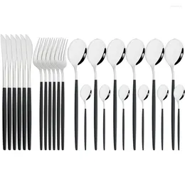 Dinnerware Sets Black Silver 24pcs Stainless Steel Cutlery Set Fork Teaspoon Knife Silverware Mirror Flatware Kitchen Tableware
