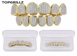 Europe and America Hip Hop Iced Out CZ Gold Teeth Grillz Caps Top Bottom Diamond Teeth Grillzs Set Men Women Grills4217253